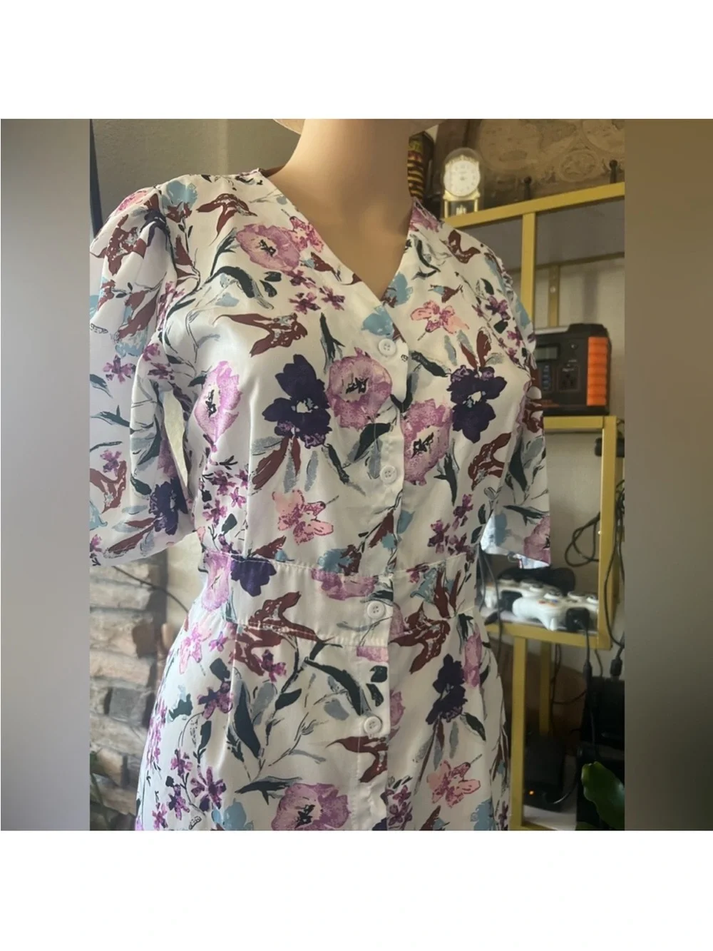 V-Neck Floral Midi Dress in Pink and White